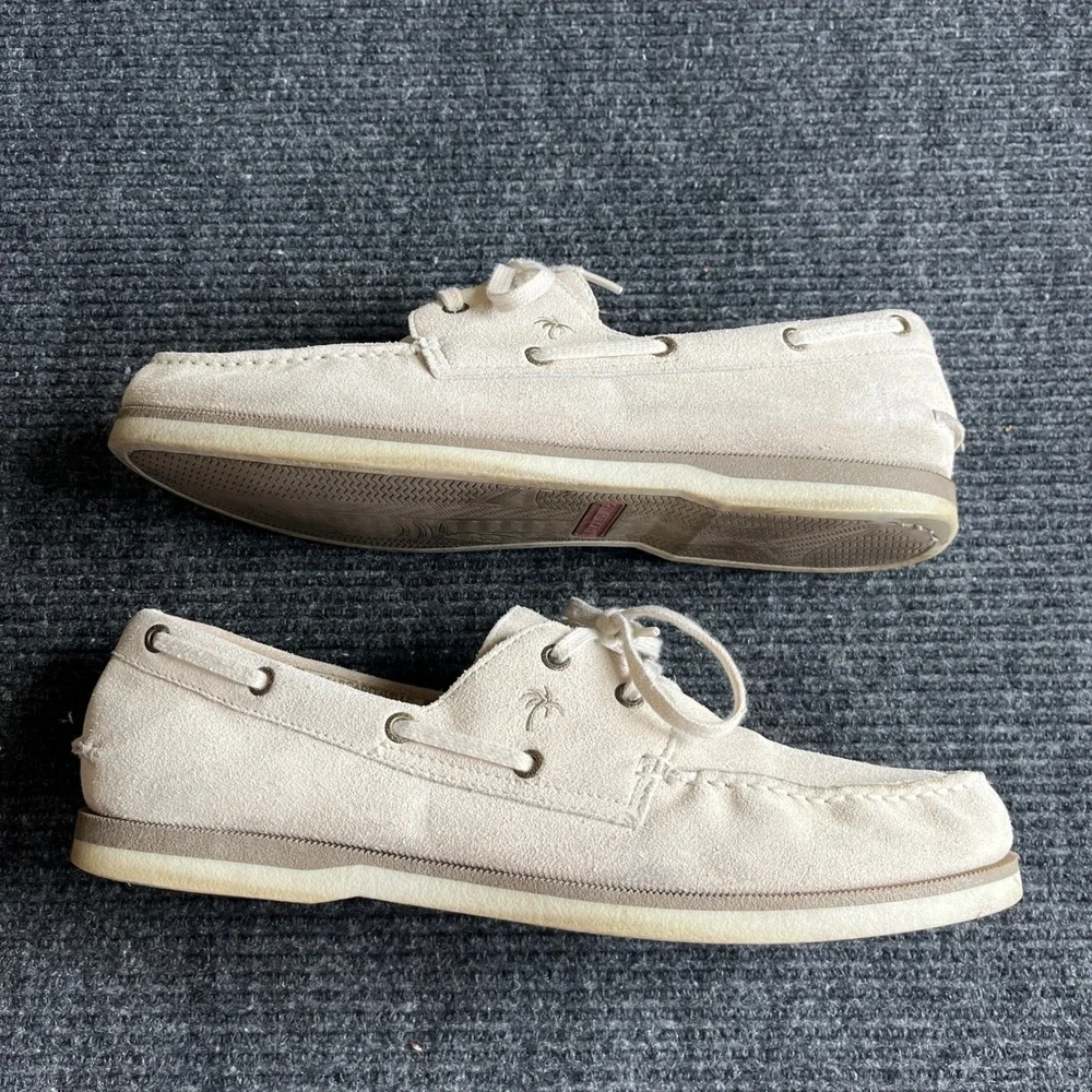 Margaritaville South Shore Boat Shoes Mens 14 Cream Suede Good Palm Tree Preppy